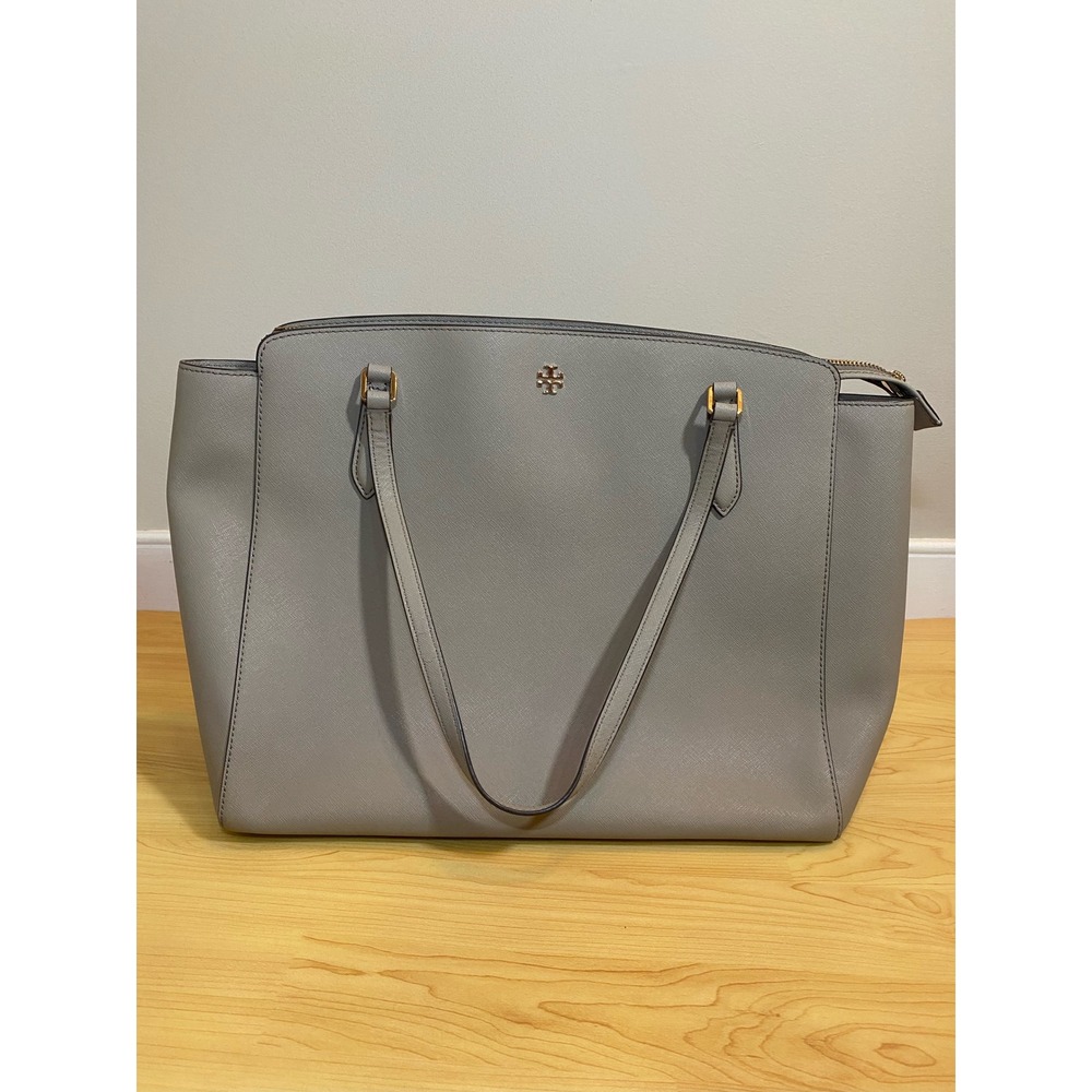 Tory Burch Emerson Large Zip Tote Gray Saffiano Leather Laptop Work Bag